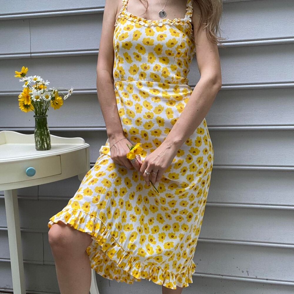 Floral Sun Dress Yellow Summer Midi Dress